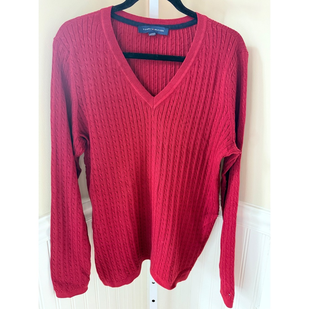 Tommy Hilfiger Cable Knit V-Neck Cotton Sweater Red Large TJROSK305C